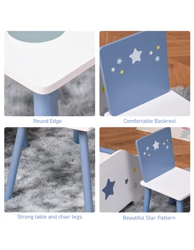 HOMCOM 3 Pcs Kids Table & Chairs Set w/ Wood Legs Safe Corners Cute Stars Seating Mini Furniture Home Playroom Bedroom Dining Ro