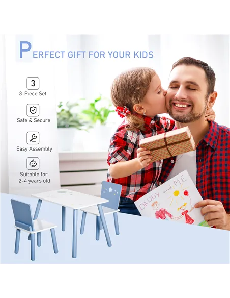 HOMCOM 3 Pcs Kids Table & Chairs Set w/ Wood Legs Safe Corners Cute Stars Seating Mini Furniture Home Playroom Bedroom Dining Ro