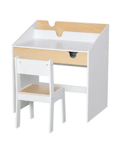 HOMCOM Kids Desk and Chair Set 2 Pieces Children Study Table with Storage Pull-Out Drawer Bookshelf for 3-6 Years Writing, Readi
