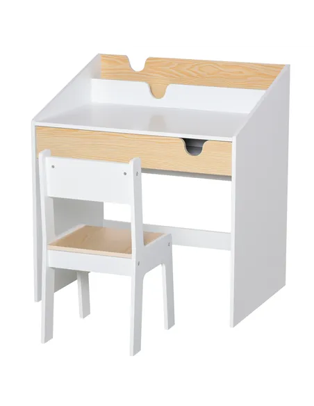HOMCOM Kids Desk and Chair Set 2 Pieces Children Study Table with Storage Pull-Out Drawer Bookshelf for 3-6 Years Writing, Readi