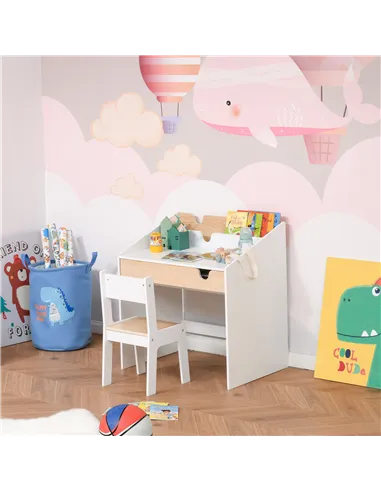 HOMCOM Kids Desk and Chair Set 2 Pieces Children Study Table with Storage Pull-Out Drawer Bookshelf for 3-6 Years Writing, Readi