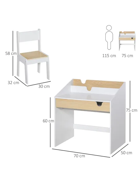 HOMCOM Kids Desk and Chair Set 2 Pieces Children Study Table with Storage Pull-Out Drawer Bookshelf for 3-6 Years Writing, Readi