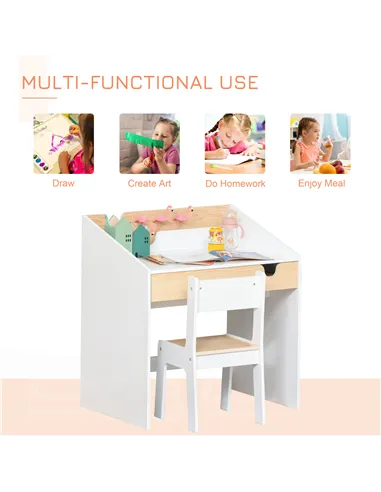 HOMCOM Kids Desk and Chair Set 2 Pieces Children Study Table with Storage Pull-Out Drawer Bookshelf for 3-6 Years Writing, Readi