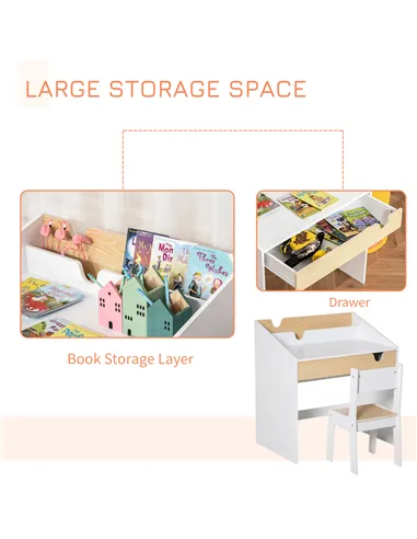 HOMCOM Kids Desk and Chair Set 2 Pieces Children Study Table with Storage Pull-Out Drawer Bookshelf for 3-6 Years Writing, Readi