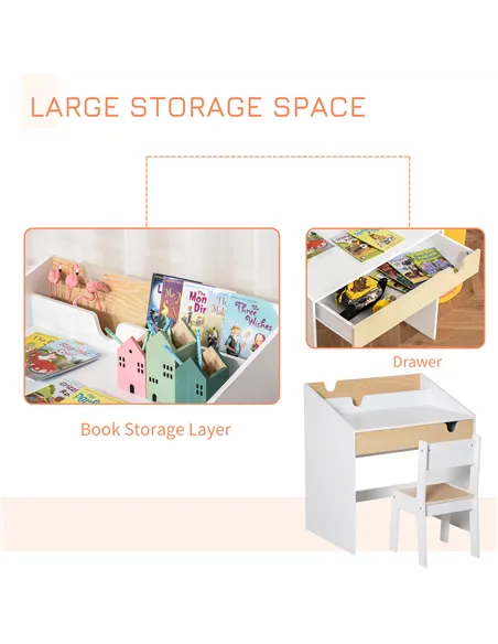 HOMCOM Kids Desk and Chair Set 2 Pieces Children Study Table with Storage Pull-Out Drawer Bookshelf for 3-6 Years Writing, Readi