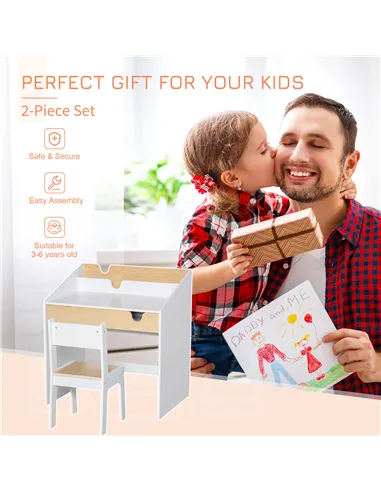 HOMCOM Kids Desk and Chair Set 2 Pieces Children Study Table with Storage Pull-Out Drawer Bookshelf for 3-6 Years Writing, Readi