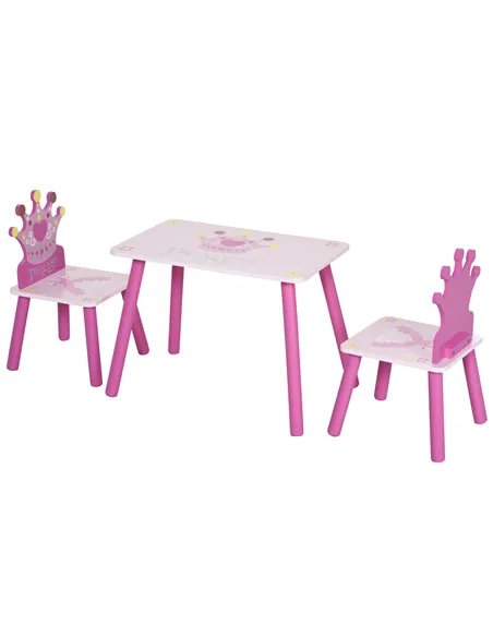 HOMCOM 3 Pcs Kids and Table Chair Set Princess & Crown Theme Home Furniture Pretty Gift 2-4 Years Pink