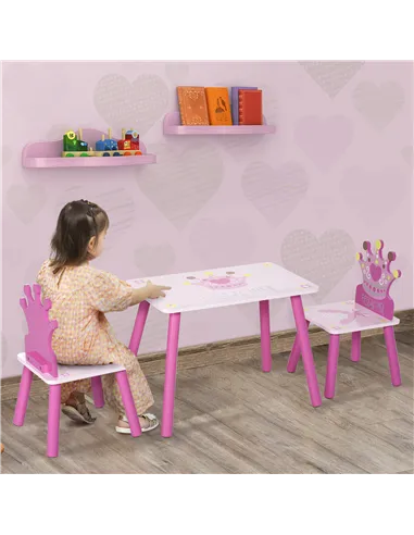 HOMCOM 3 Pcs Kids and Table Chair Set Princess & Crown Theme Home Furniture Pretty Gift 2-4 Years Pink