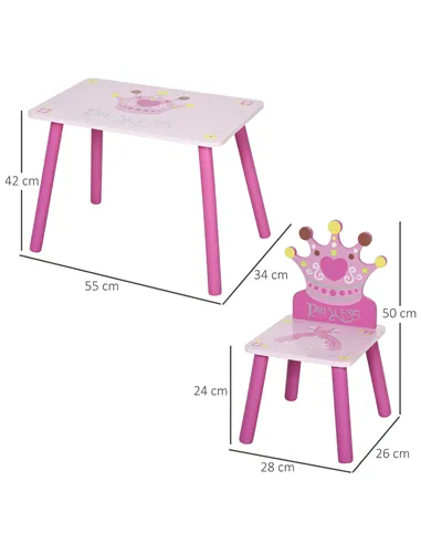 HOMCOM 3 Pcs Kids and Table Chair Set Princess & Crown Theme Home Furniture Pretty Gift 2-4 Years Pink