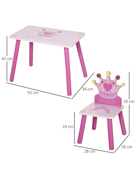 HOMCOM 3 Pcs Kids and Table Chair Set Princess & Crown Theme Home Furniture Pretty Gift 2-4 Years Pink