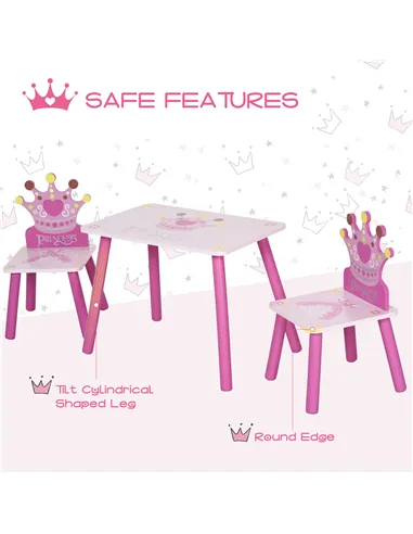 HOMCOM 3 Pcs Kids and Table Chair Set Princess & Crown Theme Home Furniture Pretty Gift 2-4 Years Pink