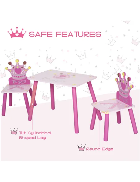 HOMCOM 3 Pcs Kids and Table Chair Set Princess & Crown Theme Home Furniture Pretty Gift 2-4 Years Pink