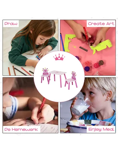 HOMCOM 3 Pcs Kids and Table Chair Set Princess & Crown Theme Home Furniture Pretty Gift 2-4 Years Pink