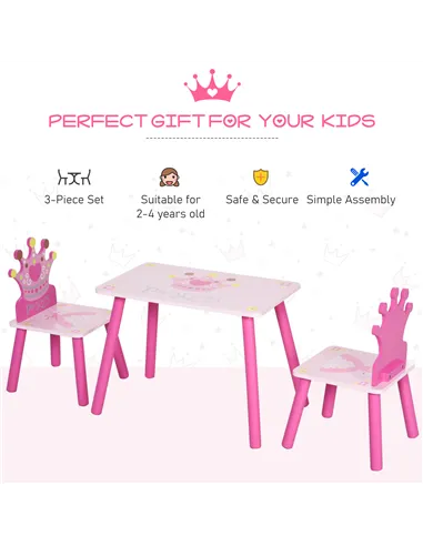 HOMCOM 3 Pcs Kids and Table Chair Set Princess & Crown Theme Home Furniture Pretty Gift 2-4 Years Pink