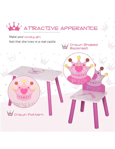 HOMCOM 3 Pcs Kids and Table Chair Set Princess & Crown Theme Home Furniture Pretty Gift 2-4 Years Pink