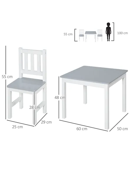 HOMCOM Kids Table and Chair Set 3 Pieces Toddler Preschoolers Desk with 2 Chairs for Indoor Study Rest Snack Time Grey