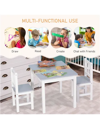 HOMCOM Kids Table and Chair Set 3 Pieces Toddler Preschoolers Desk with 2 Chairs for Indoor Study Rest Snack Time Grey