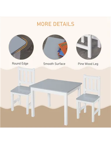 HOMCOM Kids Table and Chair Set 3 Pieces Toddler Preschoolers Desk with 2 Chairs for Indoor Study Rest Snack Time Grey