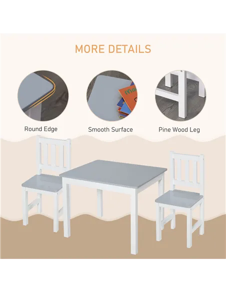 HOMCOM Kids Table and Chair Set 3 Pieces Toddler Preschoolers Desk with 2 Chairs for Indoor Study Rest Snack Time Grey