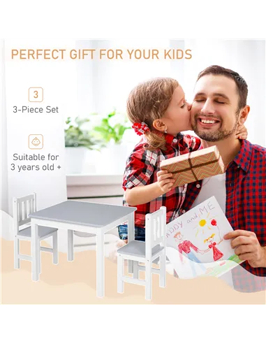 HOMCOM Kids Table and Chair Set 3 Pieces Toddler Preschoolers Desk with 2 Chairs for Indoor Study Rest Snack Time Grey