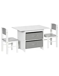 HOMCOM 3 Pcs Kids Table & Chairs Set Mini Seating Furniture Home Playroom Bedroom Dining Room w/ Storage Drawers Safe Corners fo