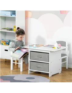 HOMCOM 3 Pcs Kids Table & Chairs Set Mini Seating Furniture Home Playroom Bedroom Dining Room w/ Storage Drawers Safe Corners fo 2
