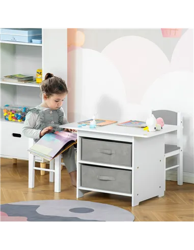 HOMCOM 3 Pcs Kids Table & Chairs Set Mini Seating Furniture Home Playroom Bedroom Dining Room w/ Storage Drawers Safe Corners fo