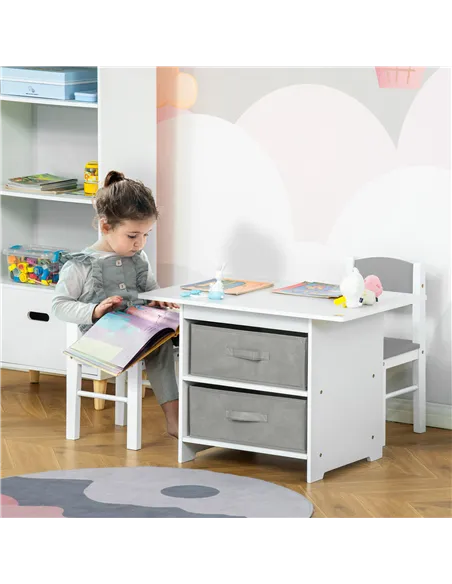 HOMCOM 3 Pcs Kids Table & Chairs Set Mini Seating Furniture Home Playroom Bedroom Dining Room w/ Storage Drawers Safe Corners fo