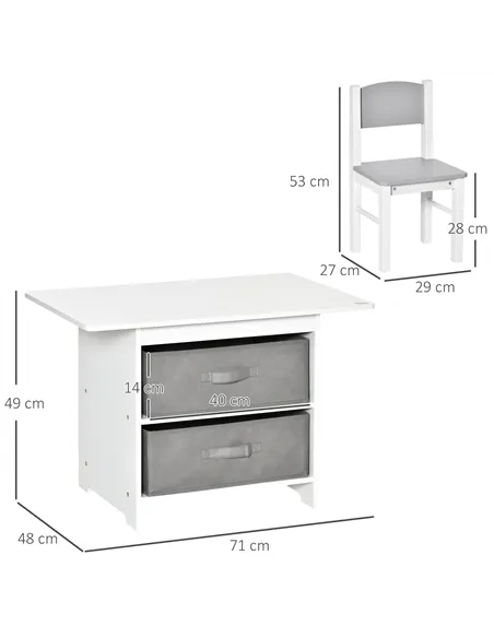 HOMCOM 3 Pcs Kids Table & Chairs Set Mini Seating Furniture Home Playroom Bedroom Dining Room w/ Storage Drawers Safe Corners fo