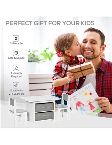 HOMCOM 3 Pcs Kids Table & Chairs Set Mini Seating Furniture Home Playroom Bedroom Dining Room w/ Storage Drawers Safe Corners fo