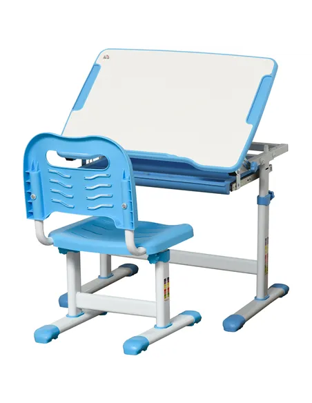 HOMCOM Kids Desk and Chair Set, Height Adjustable Student Writing Desk, Children School Study Table with Tiltable Desktop, Drawe