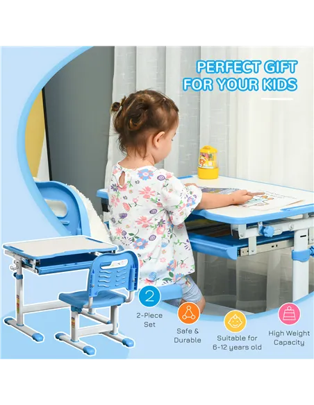 HOMCOM Kids Desk and Chair Set, Height Adjustable Student Writing Desk, Children School Study Table with Tiltable Desktop, Drawe