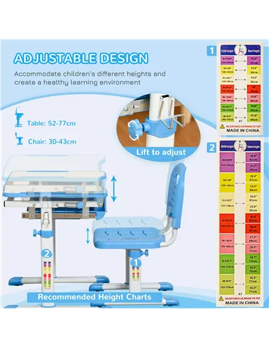 HOMCOM Kids Desk and Chair Set, Height Adjustable Student Writing Desk, Children School Study Table with Tiltable Desktop, Drawe