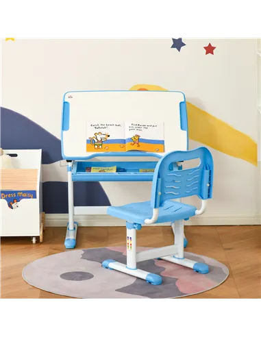 HOMCOM Kids Desk and Chair Set, Height Adjustable Student Writing Desk, Children School Study Table with Tiltable Desktop, Drawe