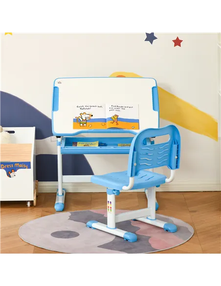HOMCOM Kids Desk and Chair Set, Height Adjustable Student Writing Desk, Children School Study Table with Tiltable Desktop, Drawe