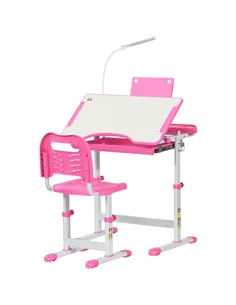 HOMCOM Kids Study Desk and Chair Set w/ Adjustable Height, Storage, Drawer, Pink