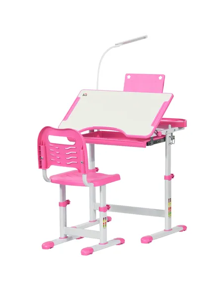 HOMCOM Kids Study Desk and Chair Set w/ Adjustable Height, Storage, Drawer, Pink