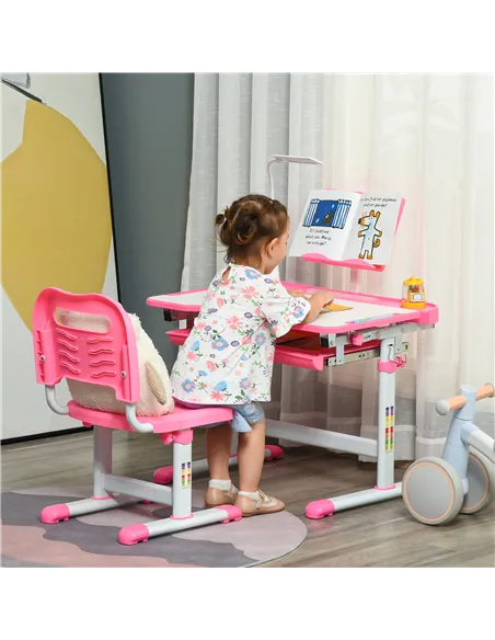 HOMCOM Kids Study Desk and Chair Set w/ Adjustable Height, Storage, Drawer, Pink