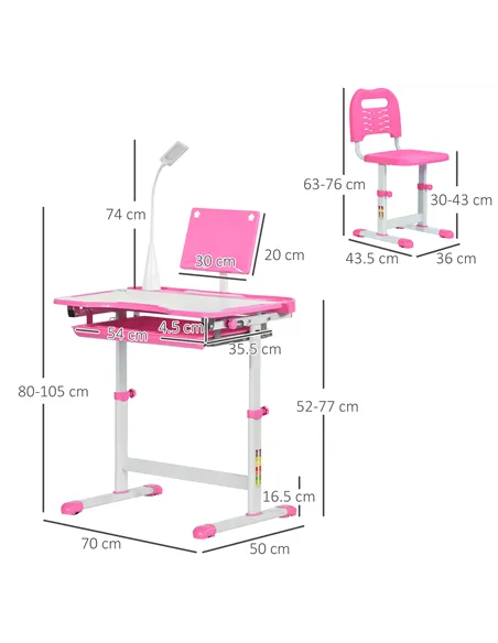 HOMCOM Kids Study Desk and Chair Set w/ Adjustable Height, Storage, Drawer, Pink