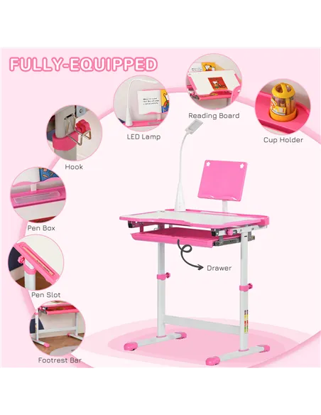 HOMCOM Kids Study Desk and Chair Set w/ Adjustable Height, Storage, Drawer, Pink