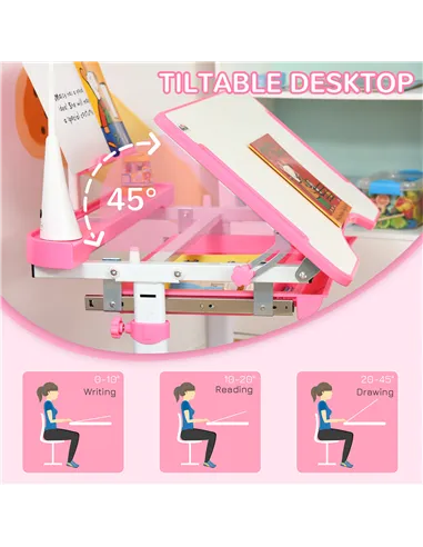 HOMCOM Kids Study Desk and Chair Set w/ Adjustable Height, Storage, Drawer, Pink