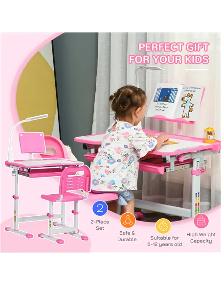 HOMCOM Kids Study Desk and Chair Set w/ Adjustable Height, Storage, Drawer, Pink