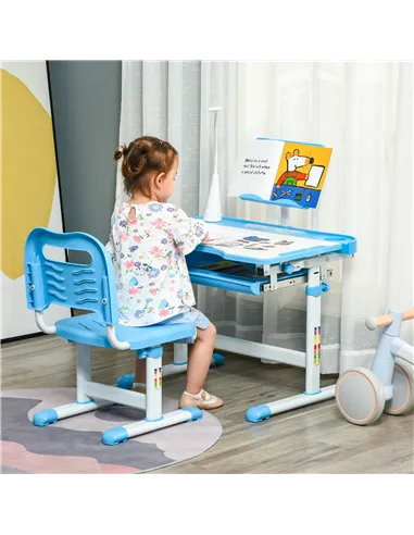 HOMCOM Kids Study Desk and Chair Set w/ Adjustable Height, Storage, Drawer, Blue
