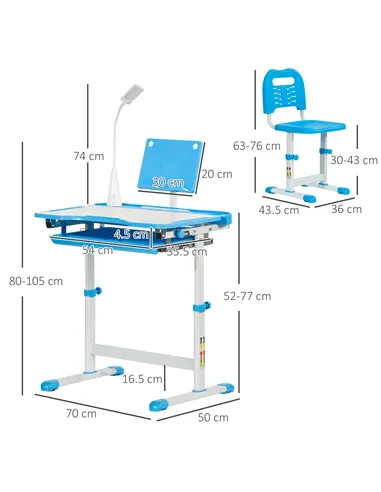 HOMCOM Kids Study Desk and Chair Set w/ Adjustable Height, Storage, Drawer, Blue
