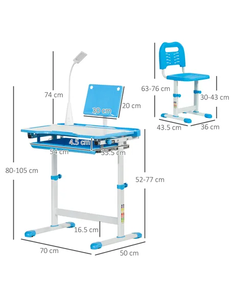 HOMCOM Kids Study Desk and Chair Set w/ Adjustable Height, Storage, Drawer, Blue