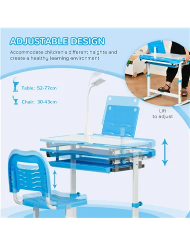 HOMCOM Kids Study Desk and Chair Set w/ Adjustable Height, Storage, Drawer, Blue