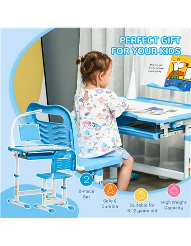 HOMCOM Kids Study Desk and Chair Set w/ Adjustable Height, Storage, Drawer, Blue