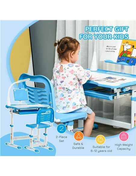 HOMCOM Kids Study Desk and Chair Set w/ Adjustable Height, Storage, Drawer, Blue