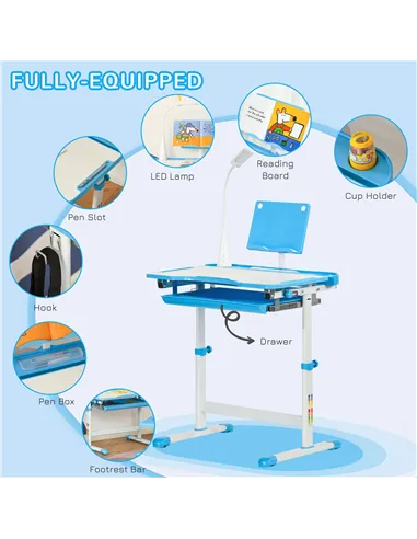 HOMCOM Kids Study Desk and Chair Set w/ Adjustable Height, Storage, Drawer, Blue