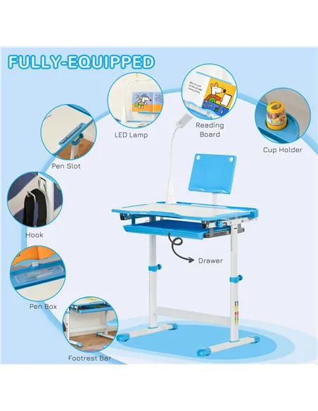 HOMCOM Kids Study Desk and Chair Set w/ Adjustable Height, Storage, Drawer, Blue